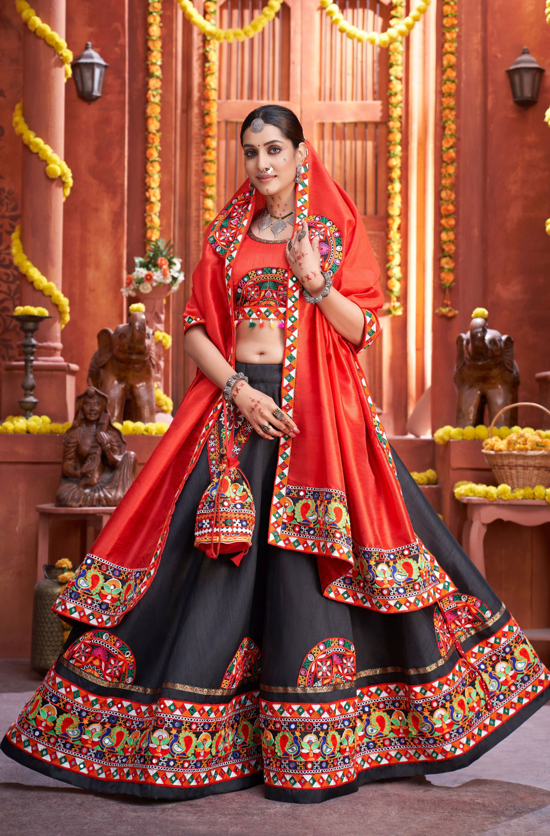 Black Art Silk Lehenga Set | Special Gamthi & Real Mirror Embroidery Work For Festive