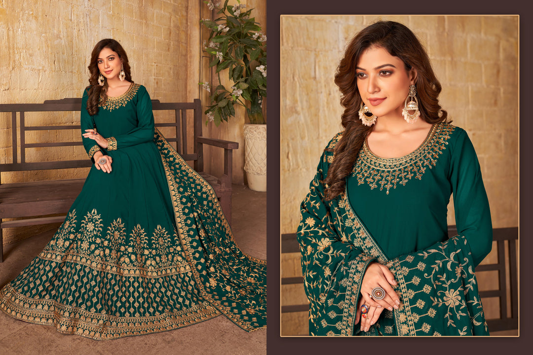 Designer Anarkali Suit | Embroidered Faux Georgette with Dupatta and Santoon Bottom