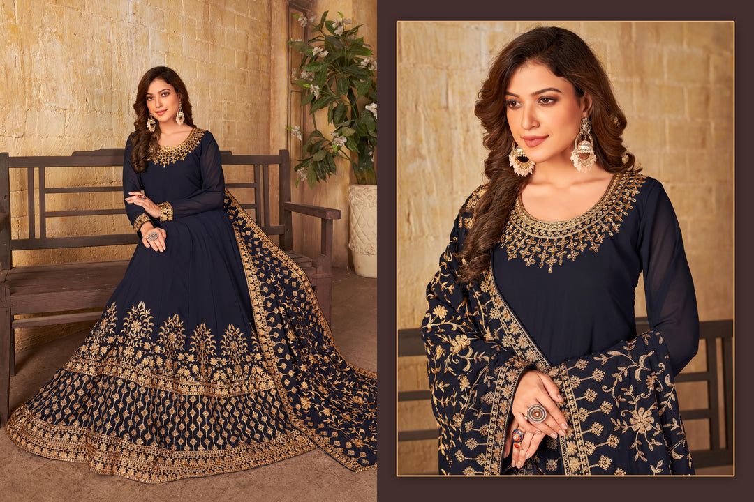 Designer Anarkali Suit | Embroidered Faux Georgette with Dupatta and Santoon Bottom