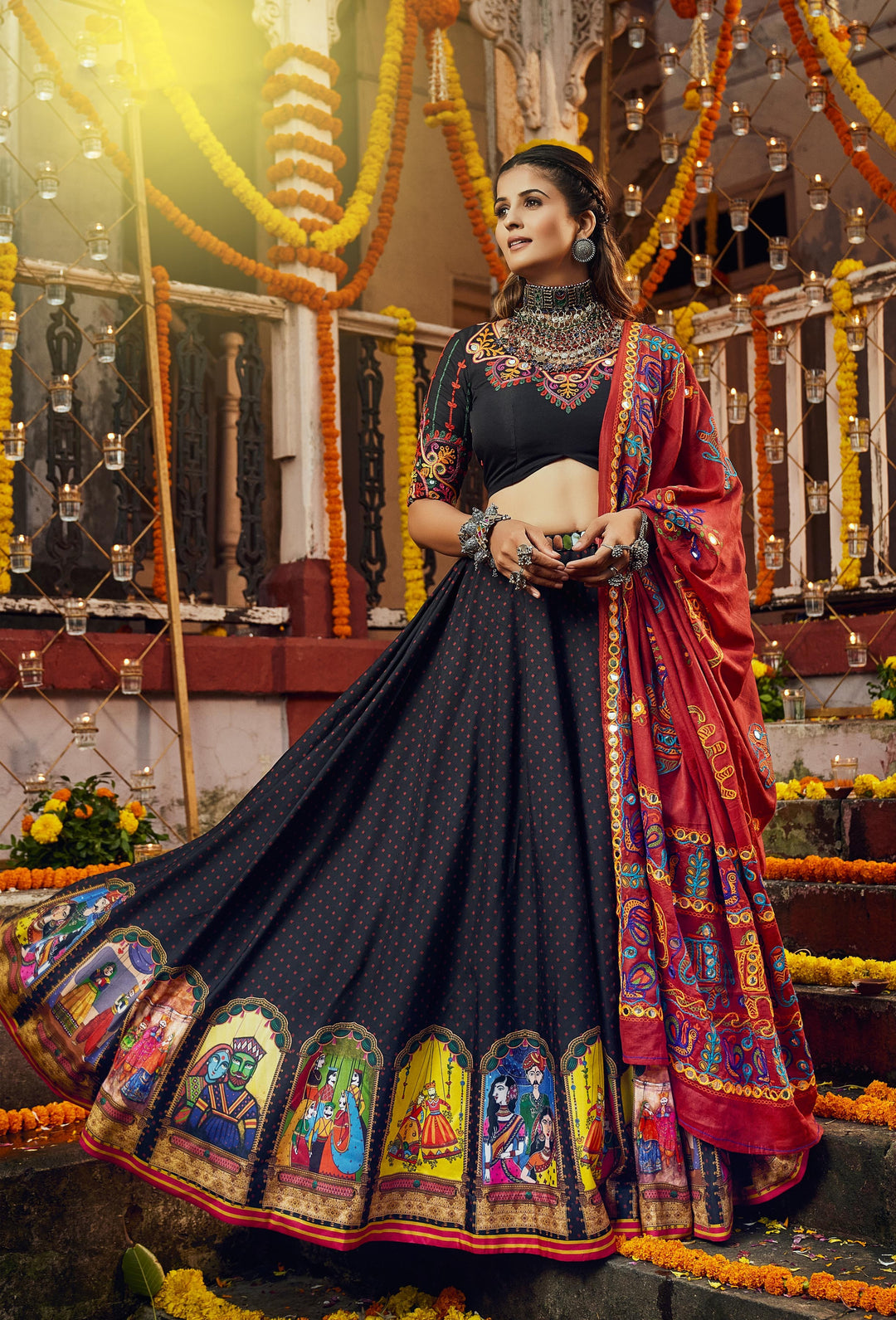 Black Muslin Cotton Lehenga Embroidered Blouse and Cotton Dupatta | Traditional Wear