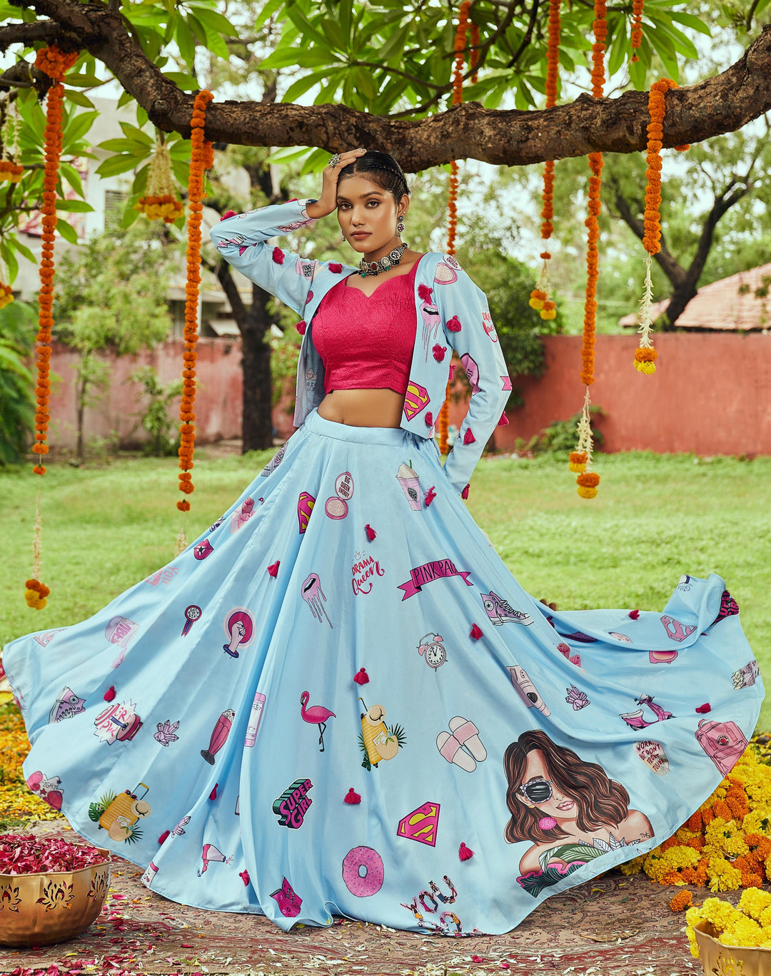 Designer Sky Blue Lehenga Choli | Digital Print & Shibori Work For cultural celebrations