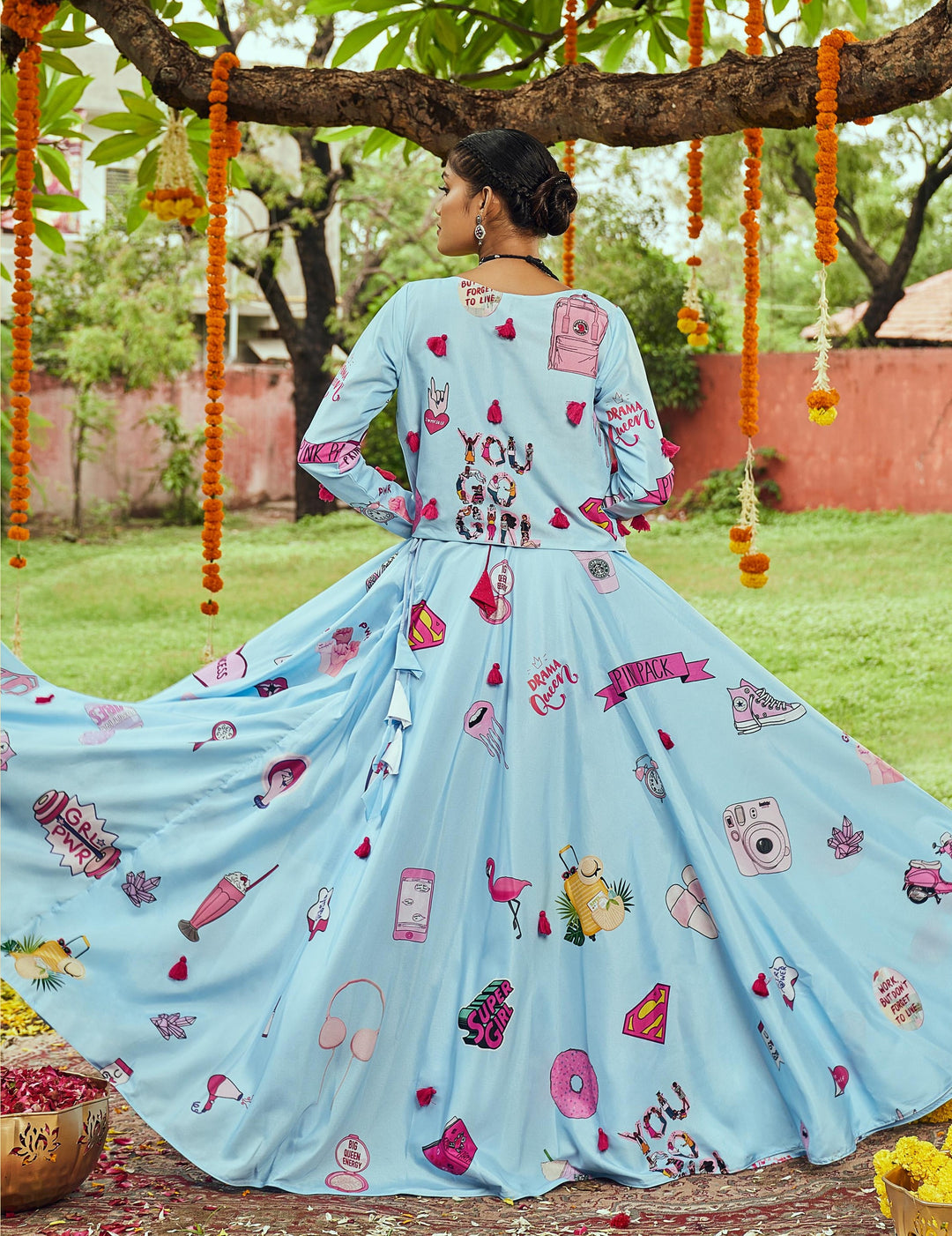 Designer Sky Blue Lehenga Choli | Digital Print & Shibori Work For cultural celebrations