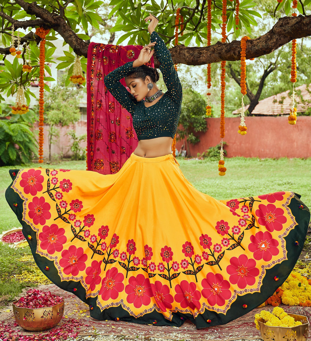 Green & Yellow Lehenga Set | Muslin Cotton with Digital Print & Embroidery for festive look