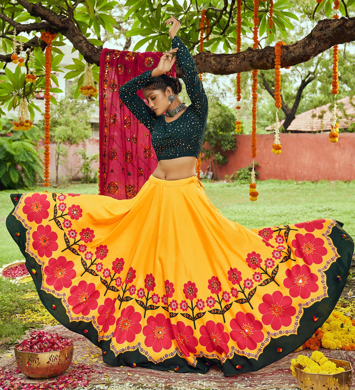 Green & Yellow Lehenga Set | Muslin Cotton with Digital Print & Embroidery for festive look