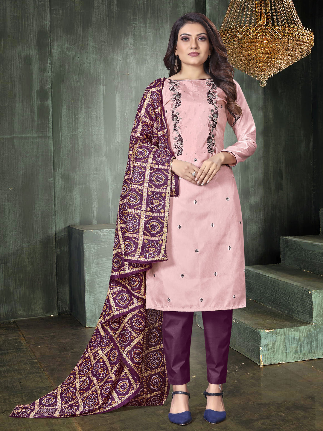 Casual Wear Parampara Silk Suit | Embroidered Kameez with Chinon Dupatta