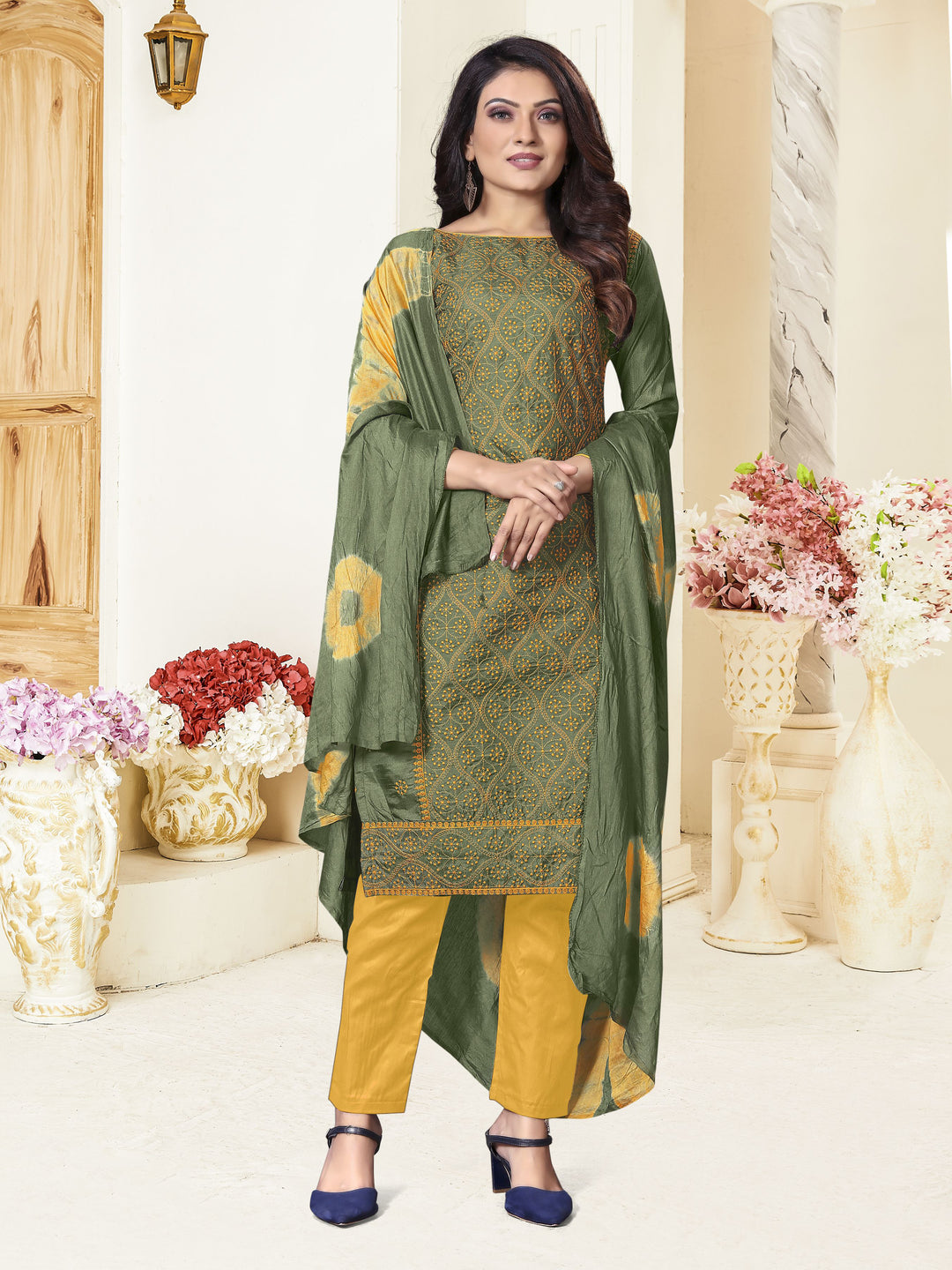 Designer Parampara Silk Suit | Embroidery with Cotton Bottom and Dupatta