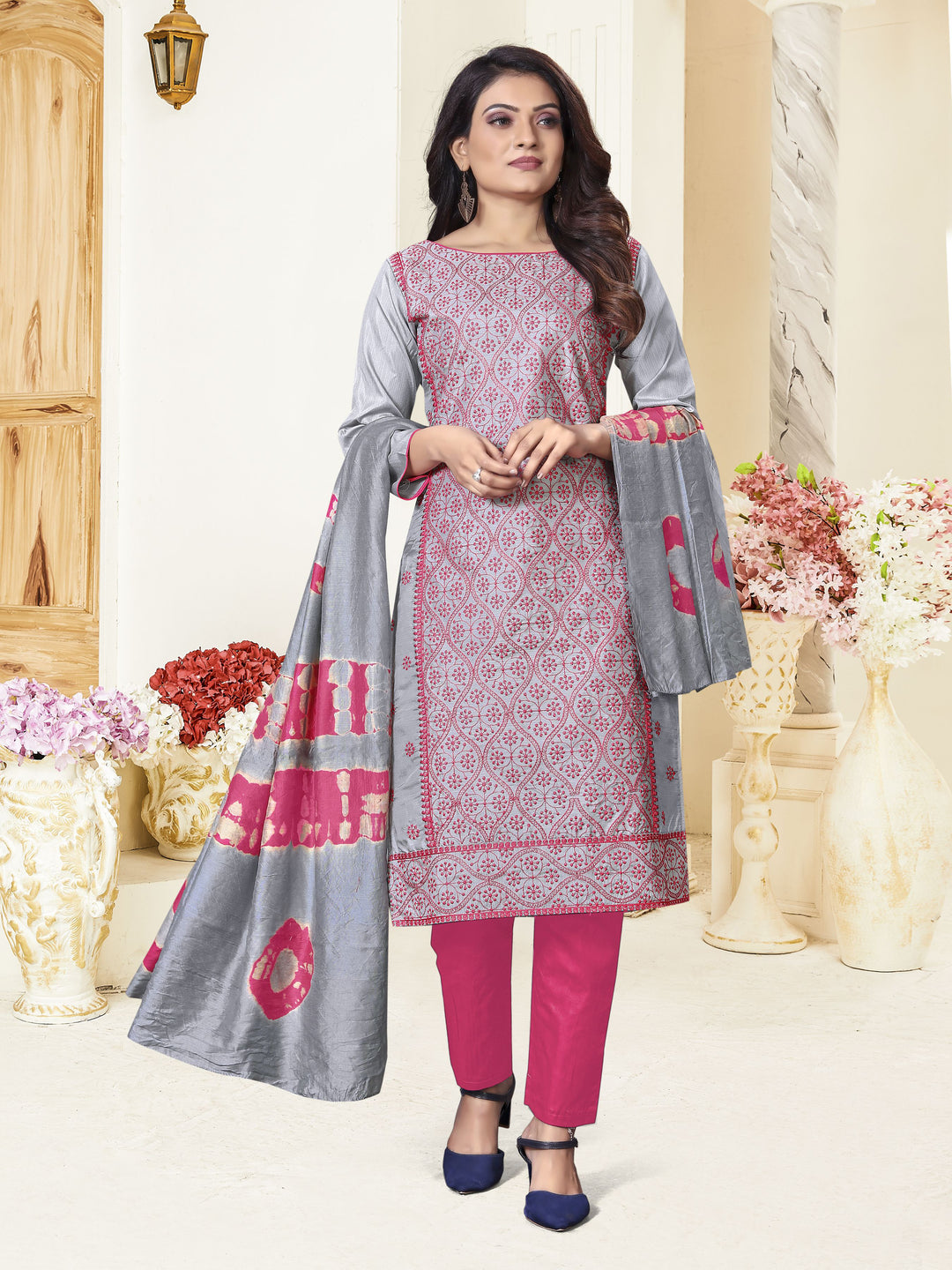 Designer Parampara Silk Suit | Embroidery with Cotton Bottom and Dupatta