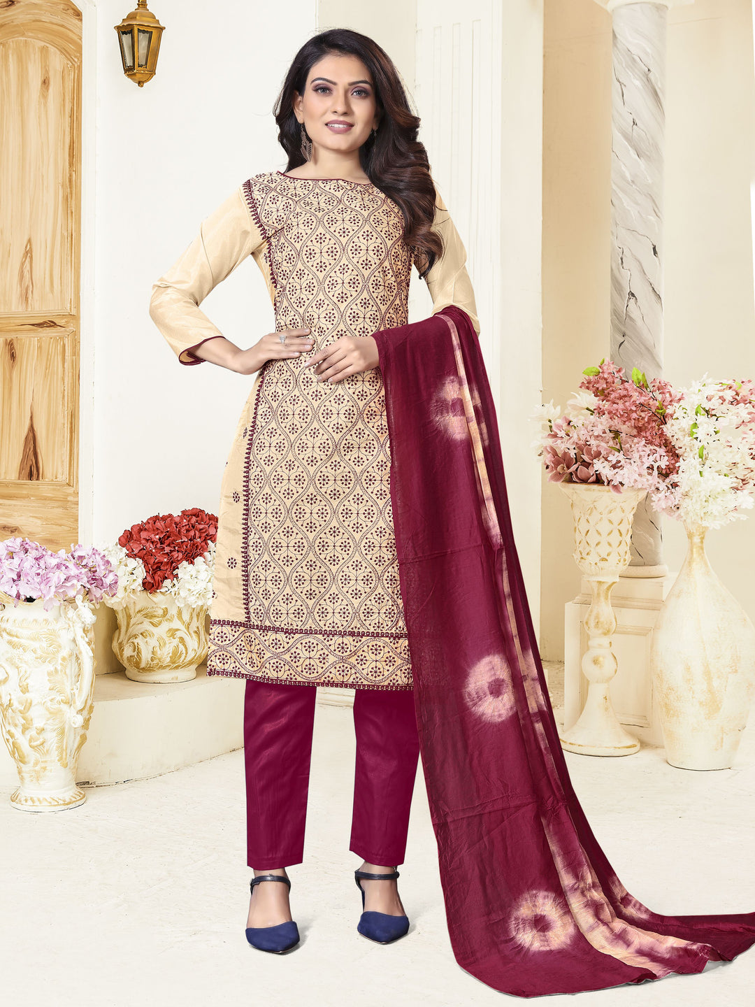 Designer Parampara Silk Suit | Embroidery with Cotton Bottom and Dupatta