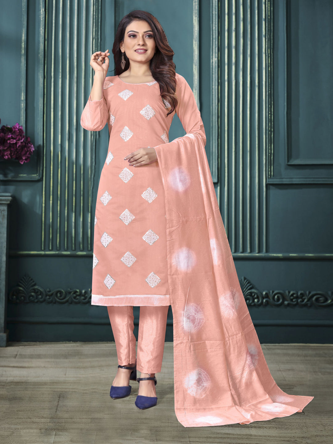 Casual Wear Modal Silk Suit | Embroidered Kameez with Chinon Dupatta