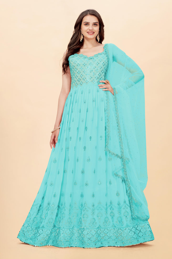 Partywear Anarkali Suit | Embroidered Faux Georgette with Dupatta