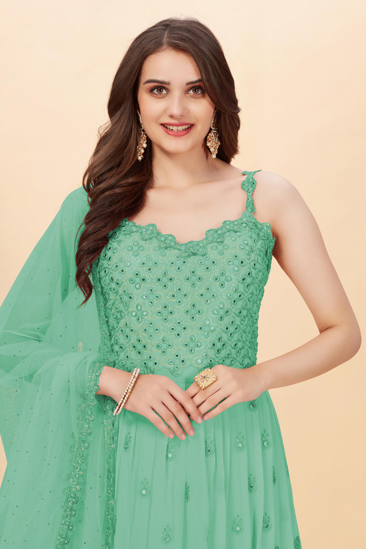 Partywear Anarkali Suit | Embroidered Faux Georgette with Dupatta