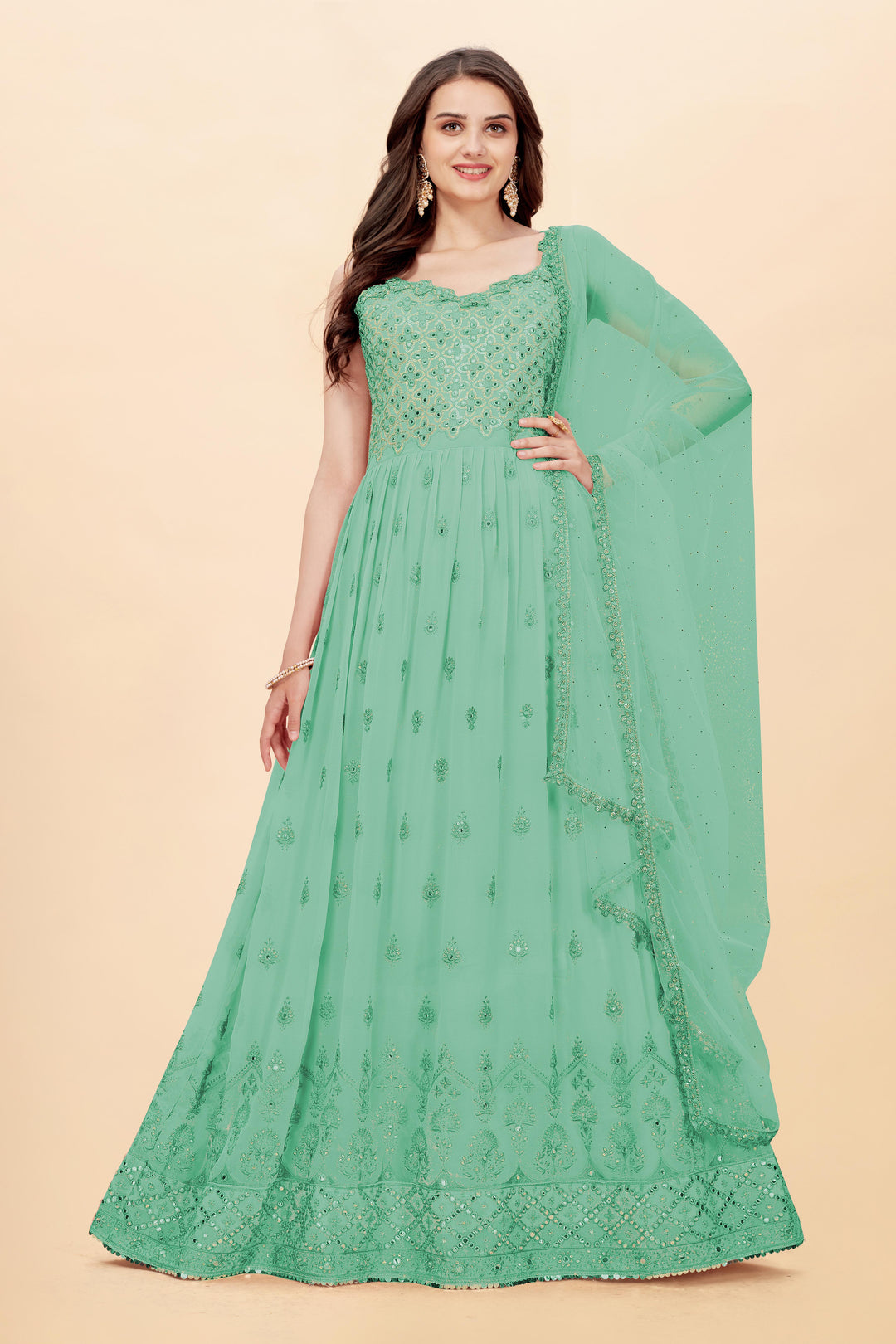 Partywear Anarkali Suit | Embroidered Faux Georgette with Dupatta