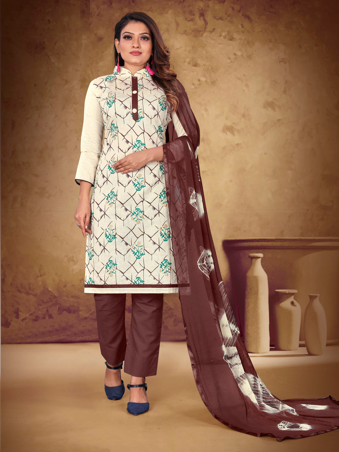 Designer Khadi Cotton Suit | Casual Printed Kameez with Cotton and Nazmin Dupatta