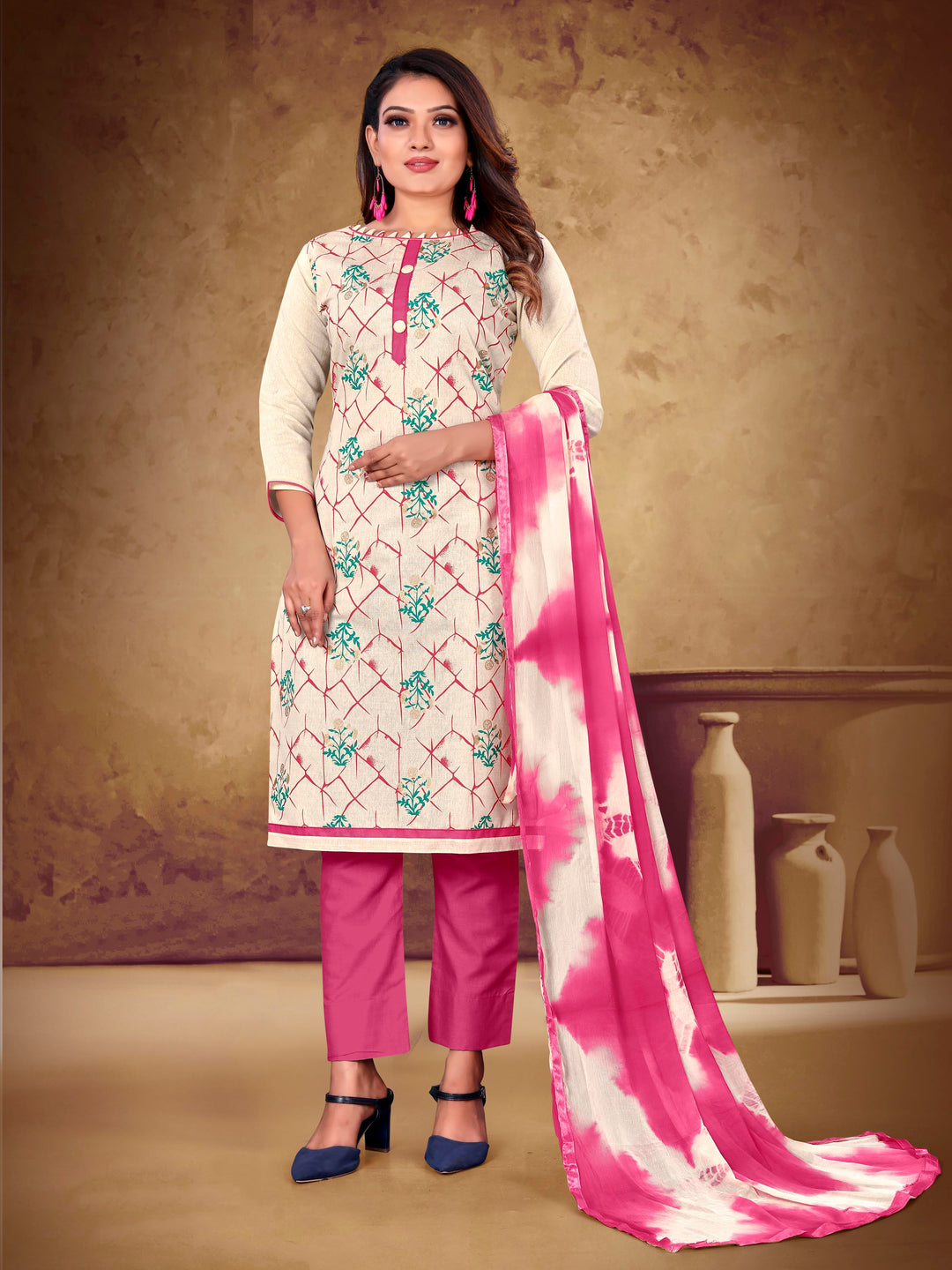 Designer Khadi Cotton Suit | Casual Printed Kameez with Cotton and Nazmin Dupatta