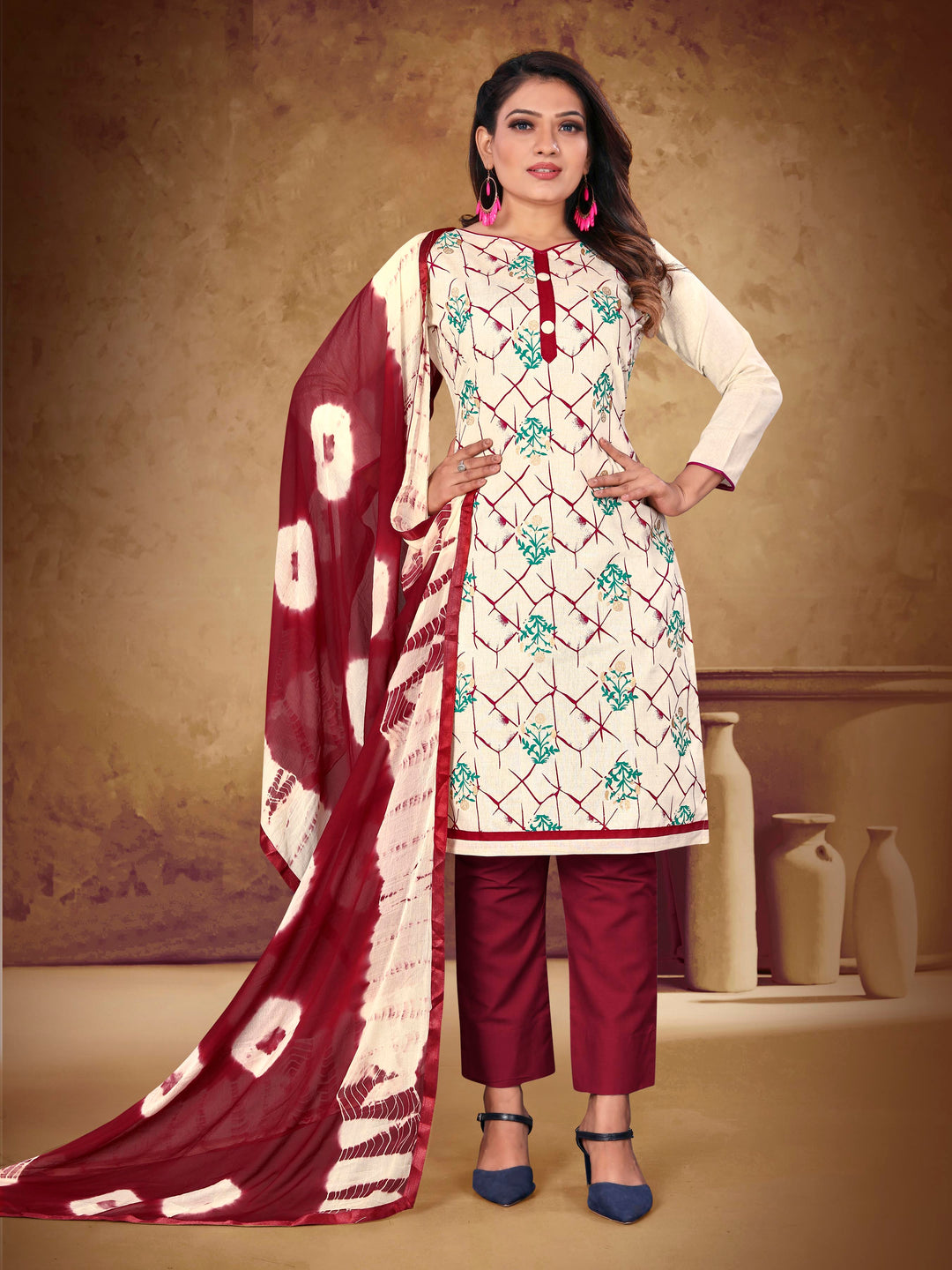 Designer Khadi Cotton Suit | Casual Printed Kameez with Cotton and Nazmin Dupatta