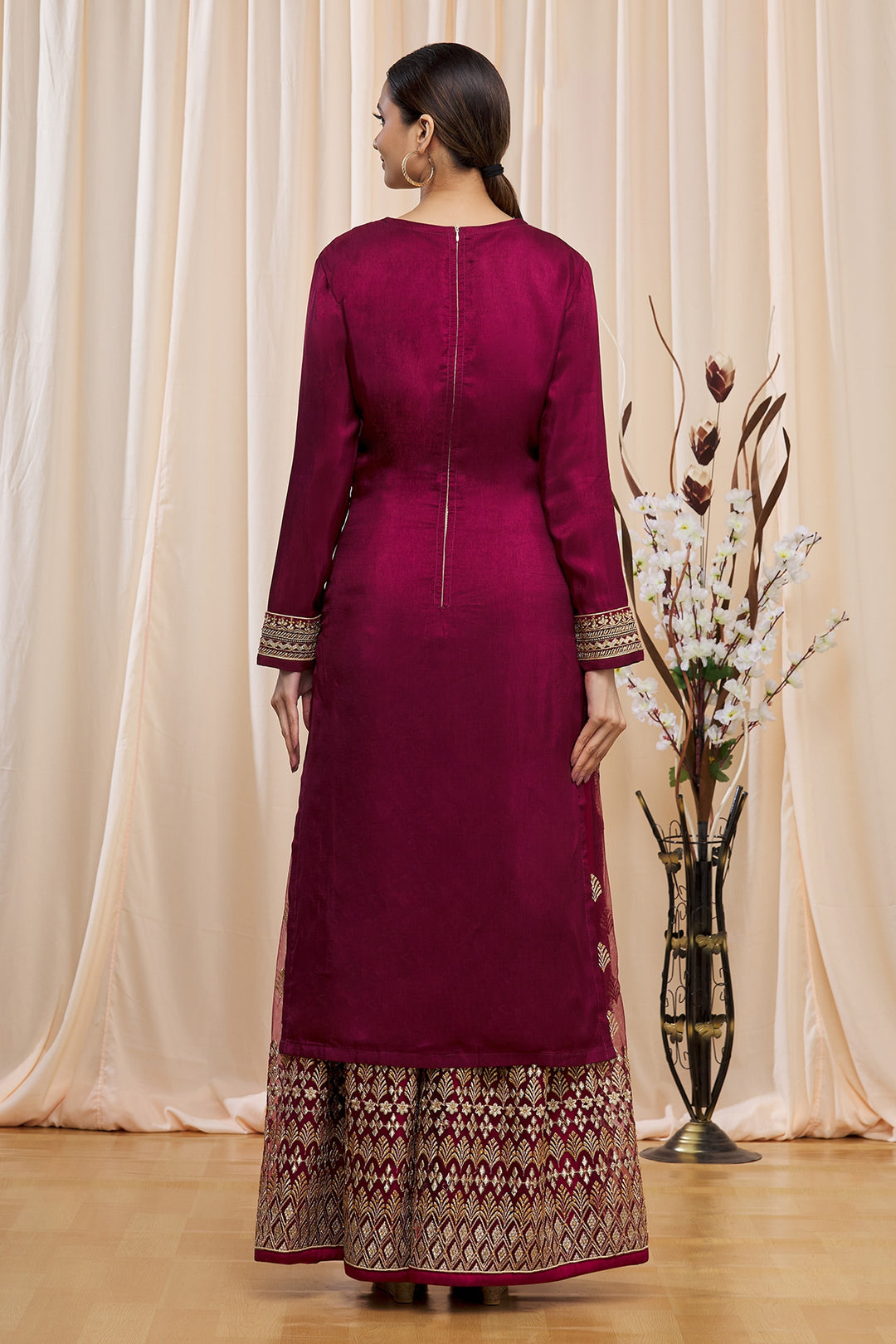 Wine Dolla Jacquard Palazzo Suit | Embroidery and Stone Work with Net Dupatta