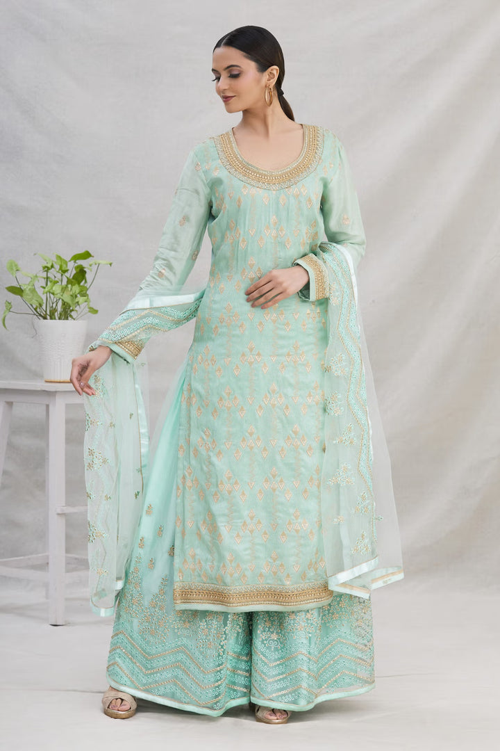 Blue Dolla Jacquard Palazzo Suit | Embroidery and Stone Work with Net Dupatta