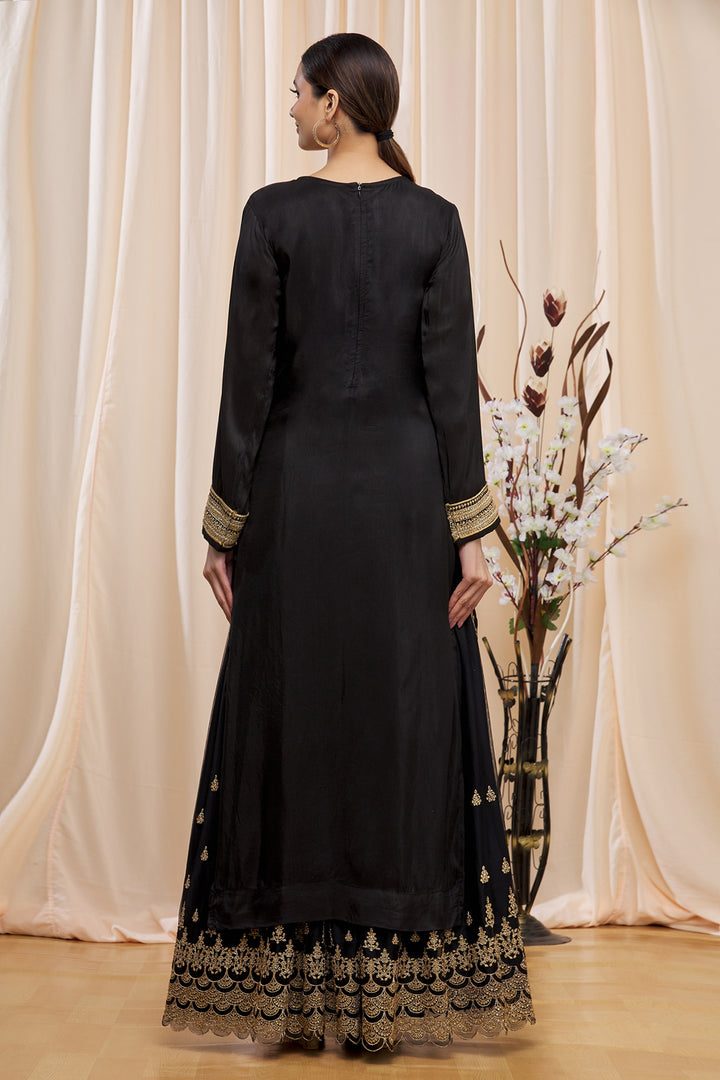 Designer Black Palazzo Suit | Dolla Jacquard with Embroidered Net Dupatta