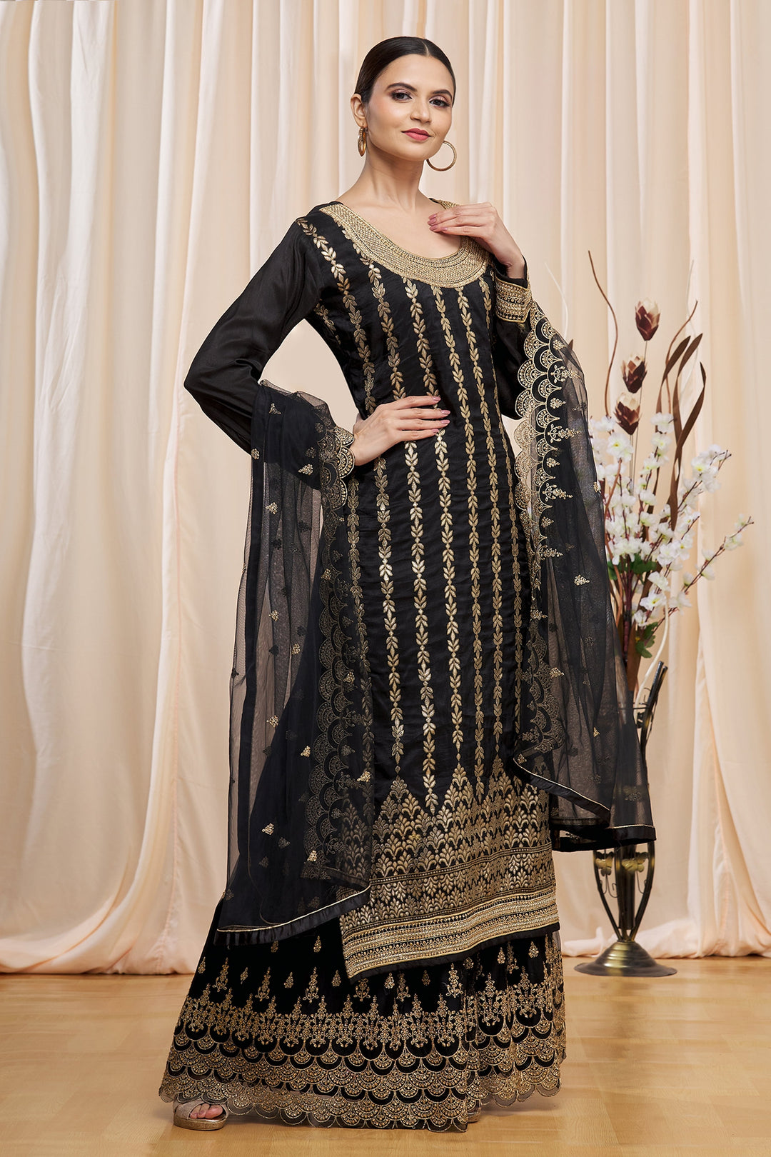 Designer Black Palazzo Suit | Dolla Jacquard with Embroidered Net Dupatta