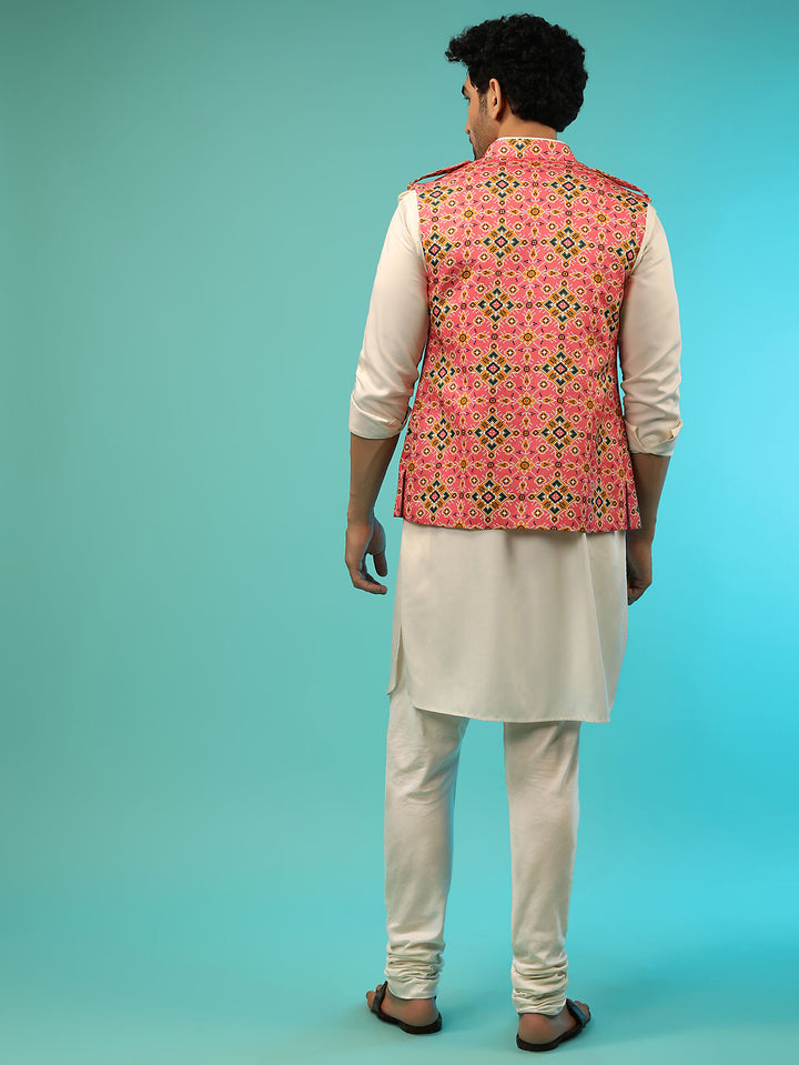 Traditional White Kurta Set | Rayon Kurta with Cotton Bottom and Satin Jacket