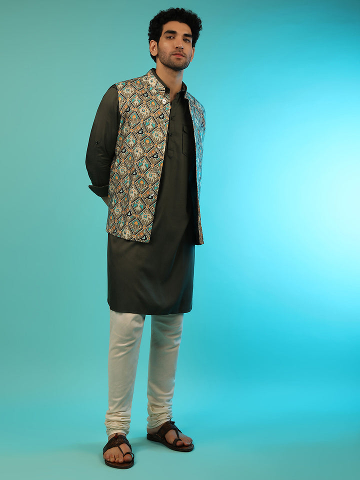 Rayon Kurta with Satin Jacket | Designer Printed Ethnic Wear for Men