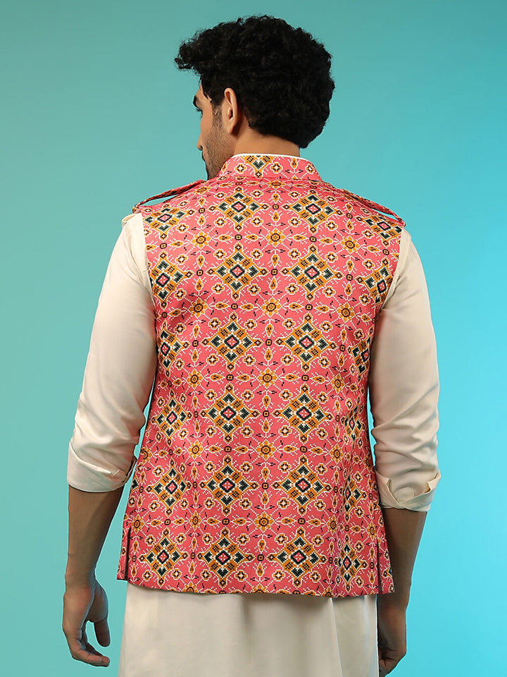 Pink Satin Men’s Jacket | Designer Printed Stylish Festive Wear