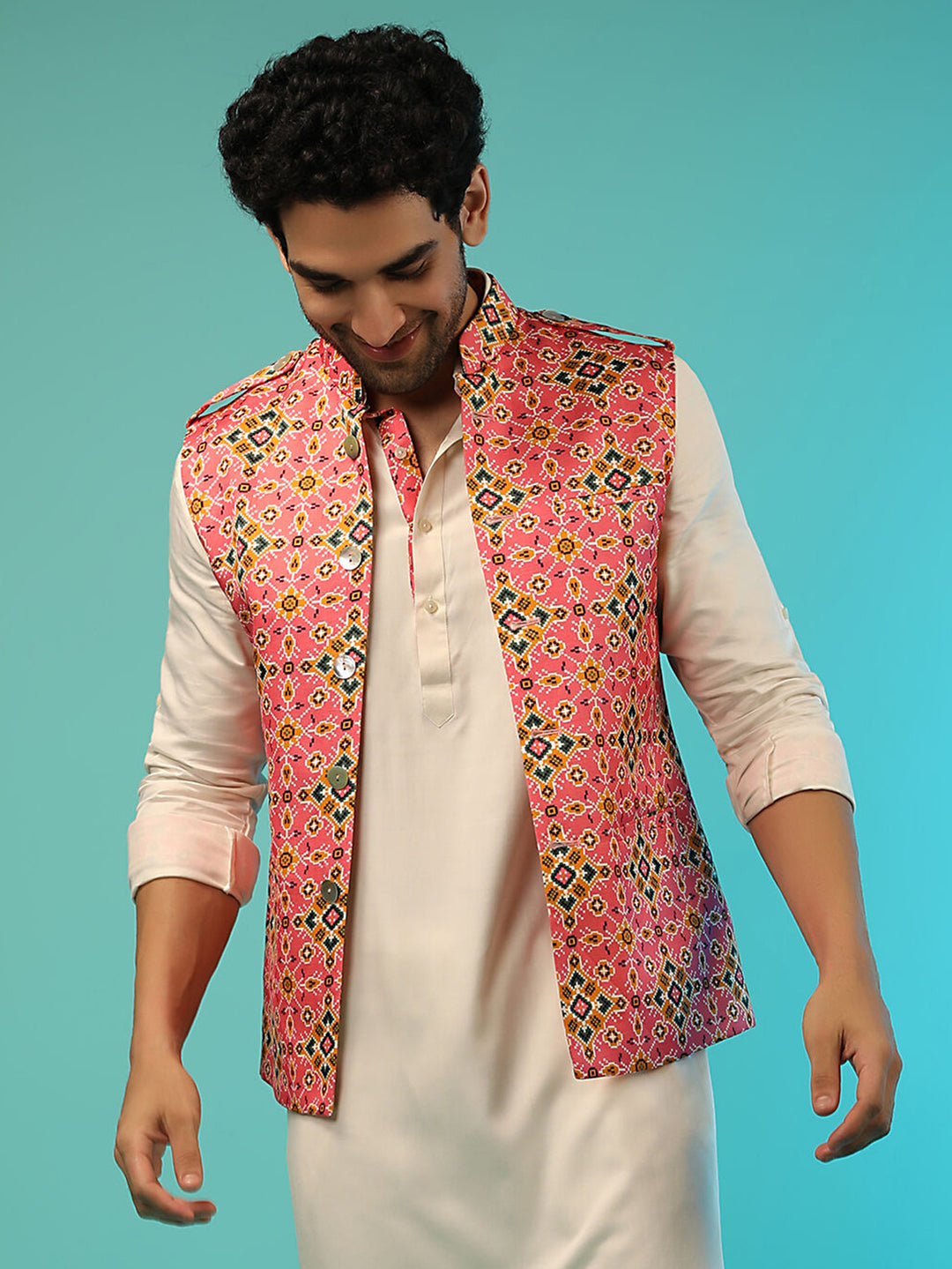 Pink Satin Men’s Jacket | Designer Printed Stylish Festive Wear