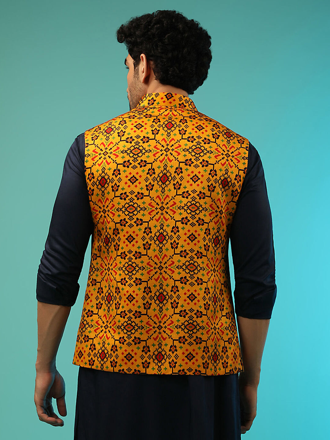 Mustard Satin Men’s Jacket | Designer Printed Festive Wear