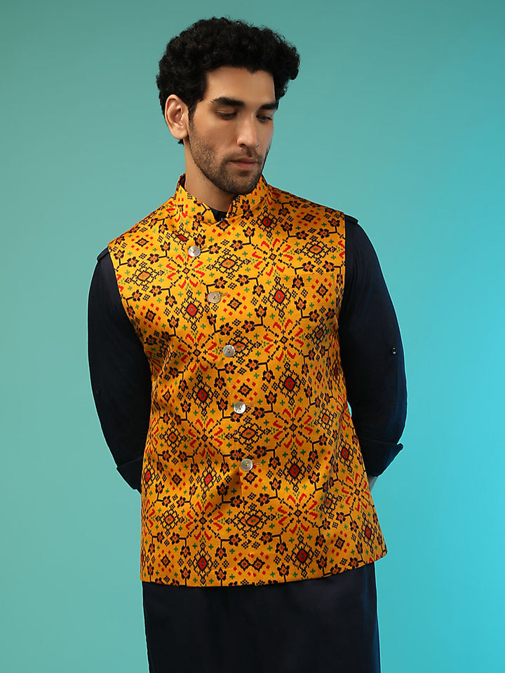 Mustard Satin Men’s Jacket | Designer Printed Festive Wear