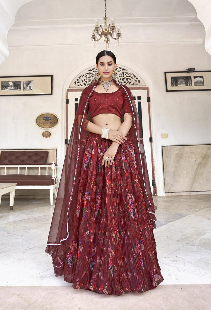 Designer-Printed Banglori Silk Lehenga with Organza Bottom | Bridal & Party Wear