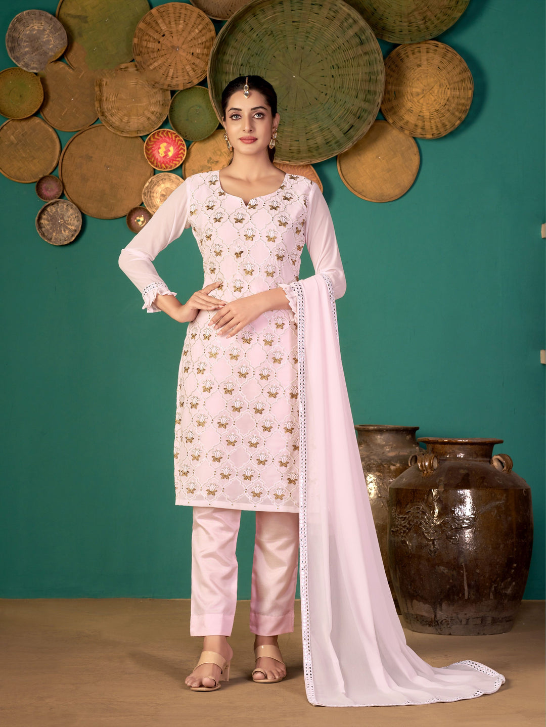 Designer Faux Georgette Suit | Thread, Jari, Sequins Work & Santoon Bottom