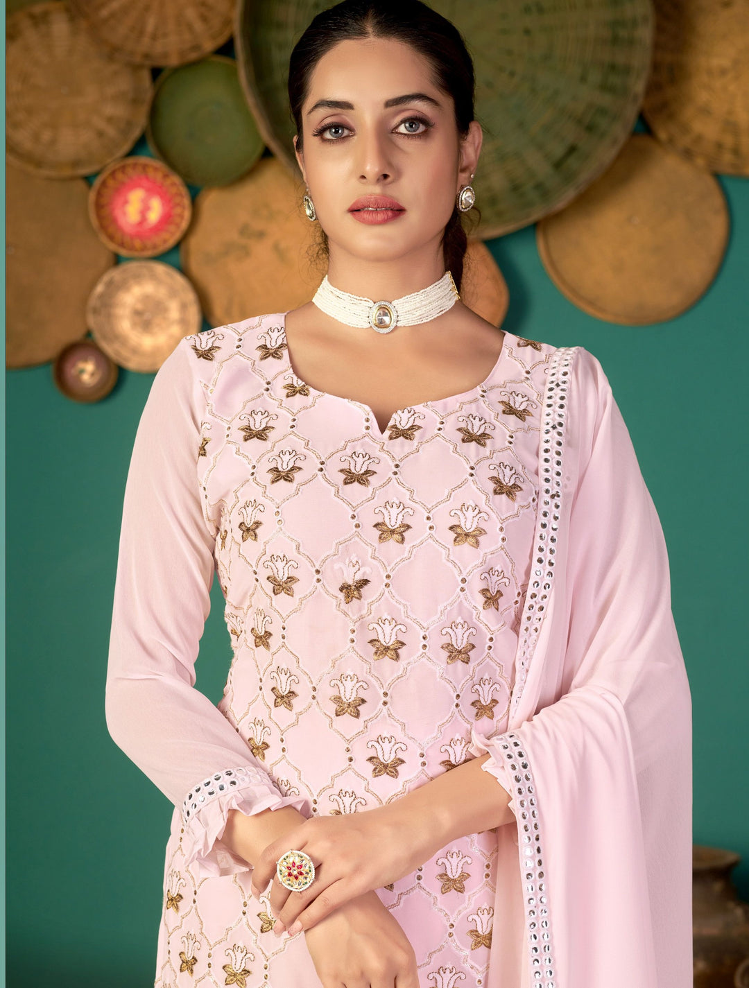 Designer Faux Georgette Suit | Thread, Jari, Sequins Work & Santoon Bottom