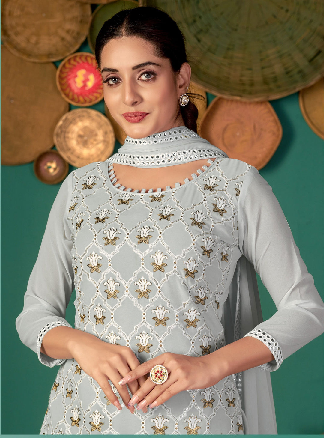 Designer Faux Georgette Suit | Thread, Jari, Sequins Work & Santoon Bottom