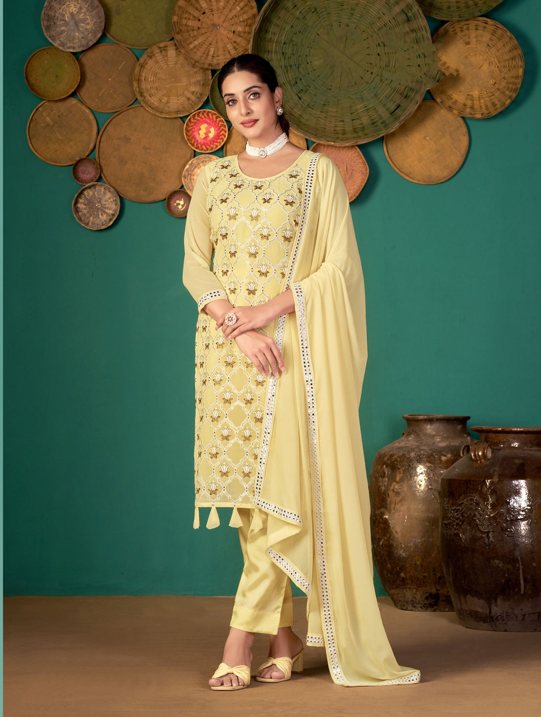 Designer Faux Georgette Suit | Thread, Jari, Sequins Work & Santoon Bottom