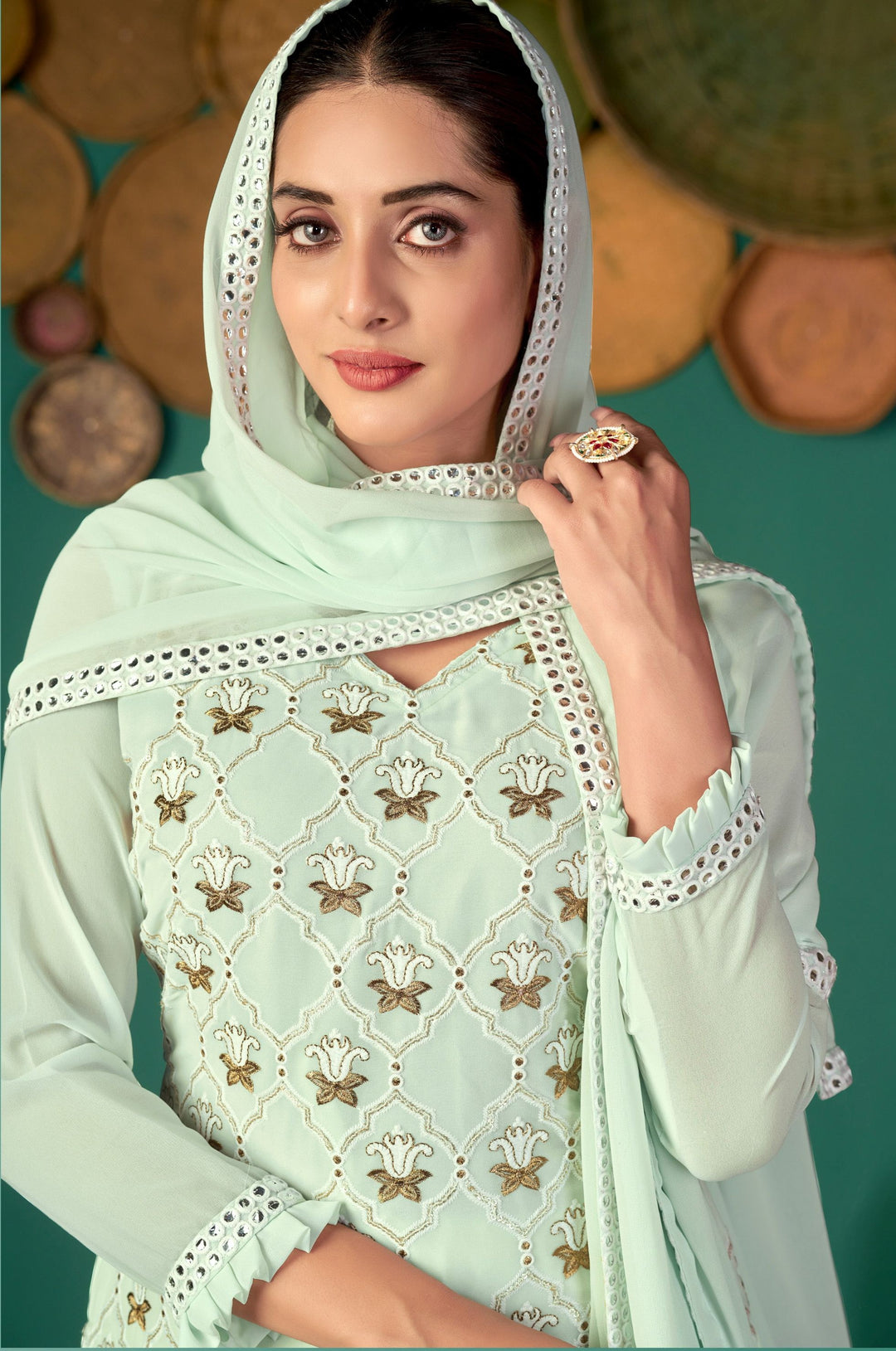 Designer Faux Georgette Suit | Thread, Jari, Sequins Work & Santoon Bottom