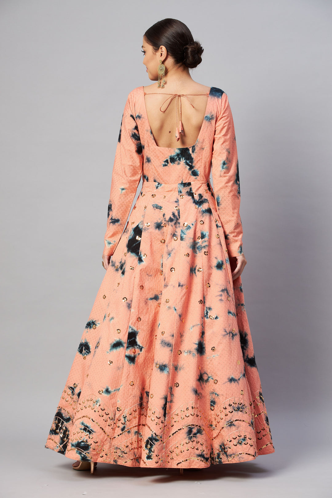 Elegant Peach Gown | Shibori Printed Cotton with Sequins Embroidery Anarkali