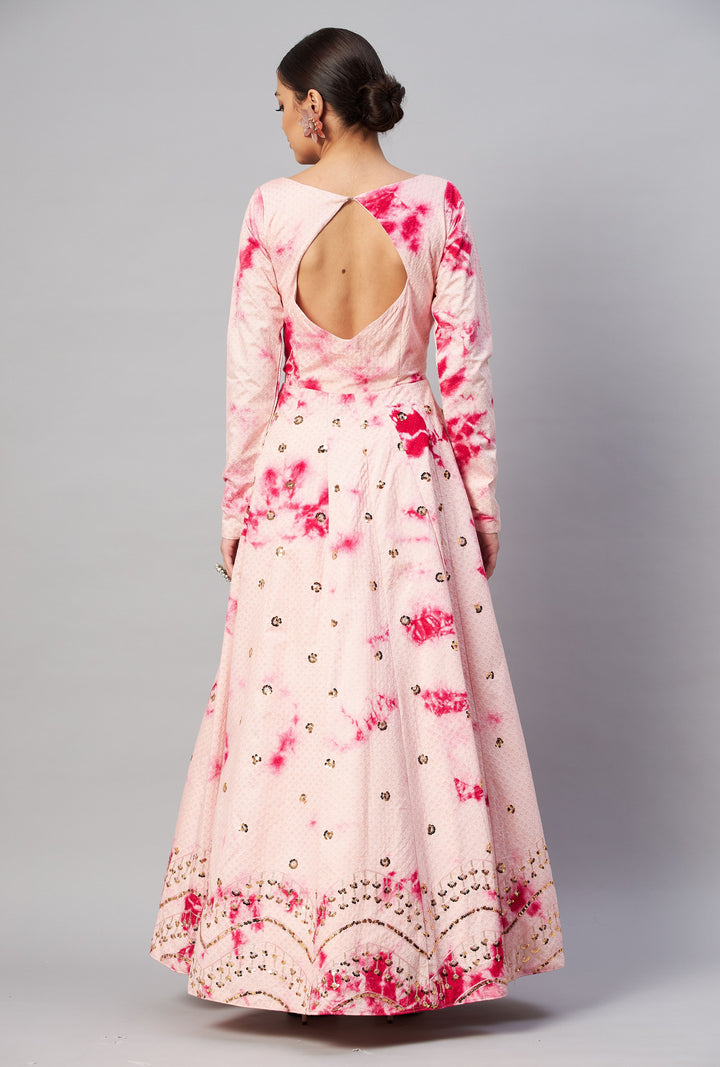 Pink Anarkali Gown | Cotton Silk Crepe with Shibori Prints & Sequins Embroidery