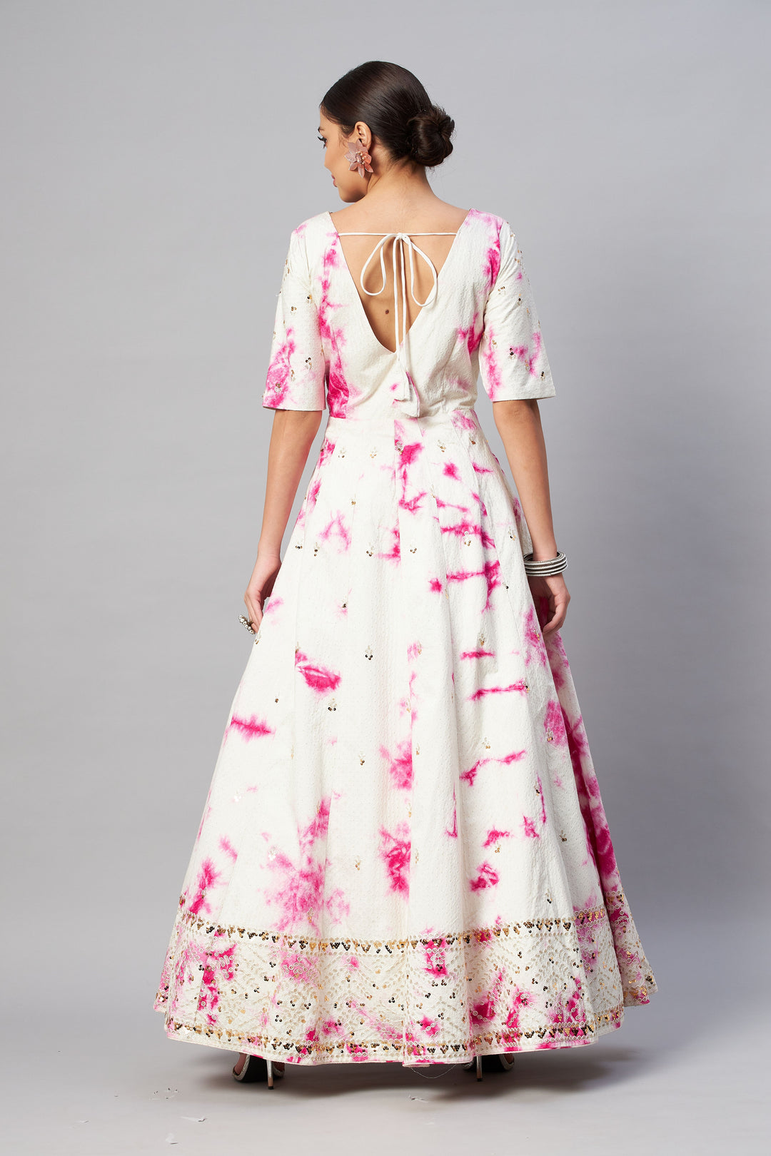 White Anarkali Gown | Cotton Silk Crepe with Shibori Prints & Sequins Embroidery