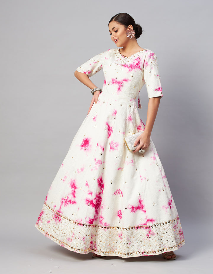 White Anarkali Gown | Cotton Silk Crepe with Shibori Prints & Sequins Embroidery