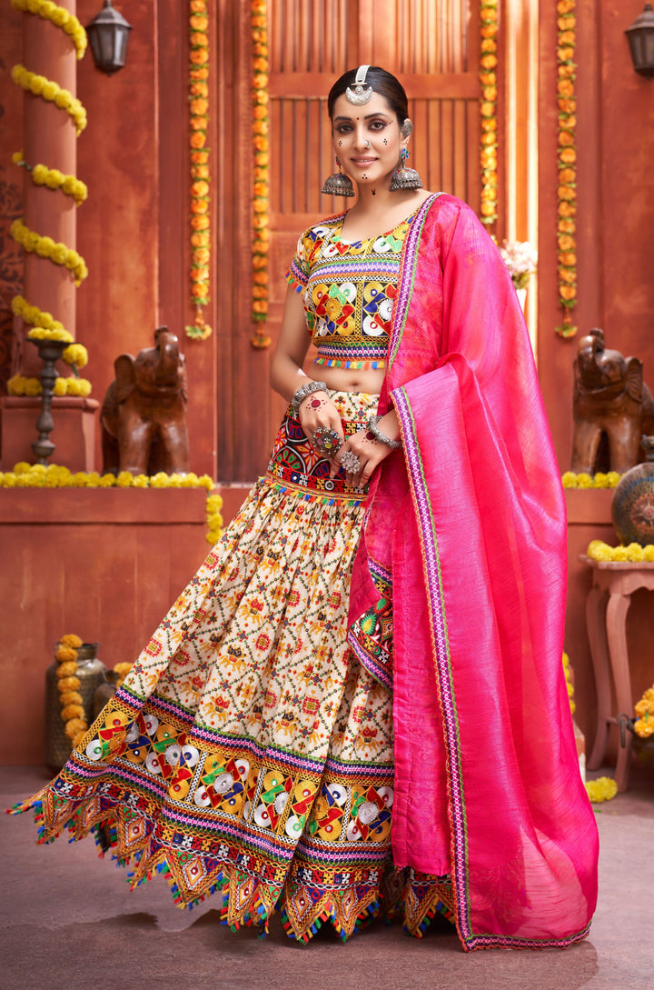 Elegant Printed Cotton-Silk Lehenga | Gamthi & Mirror Embroidery Details