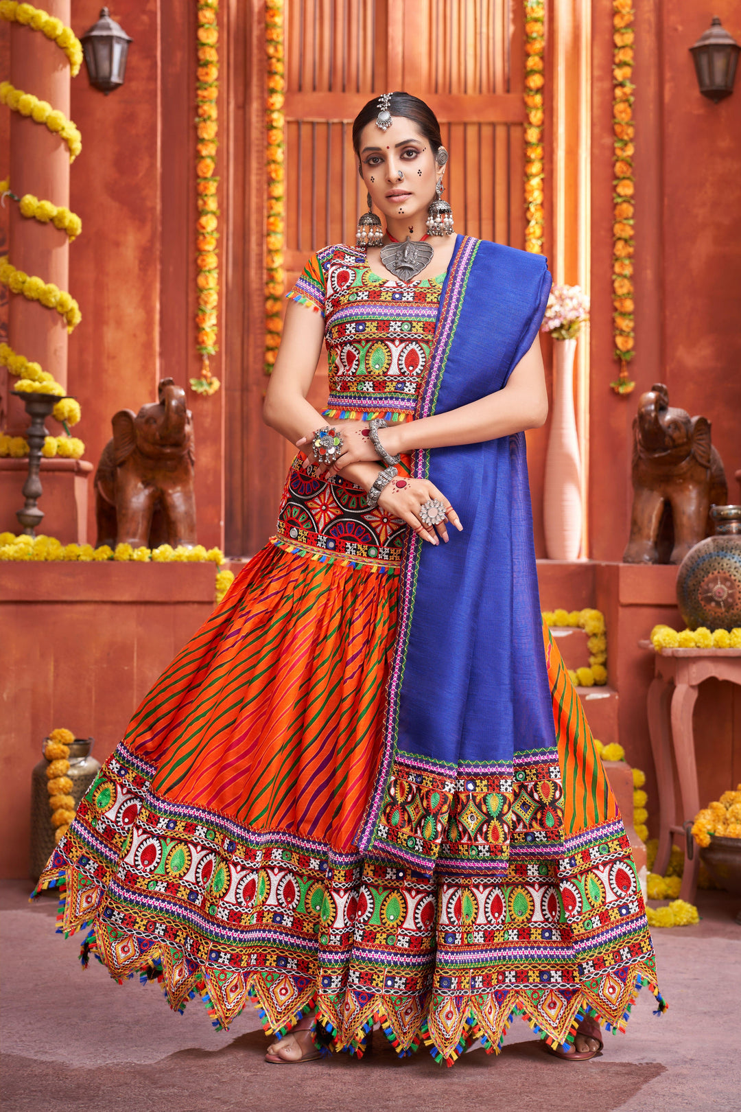 Elegant Printed Cotton-Silk Lehenga | Mirror & Gamthi Work for Weddings