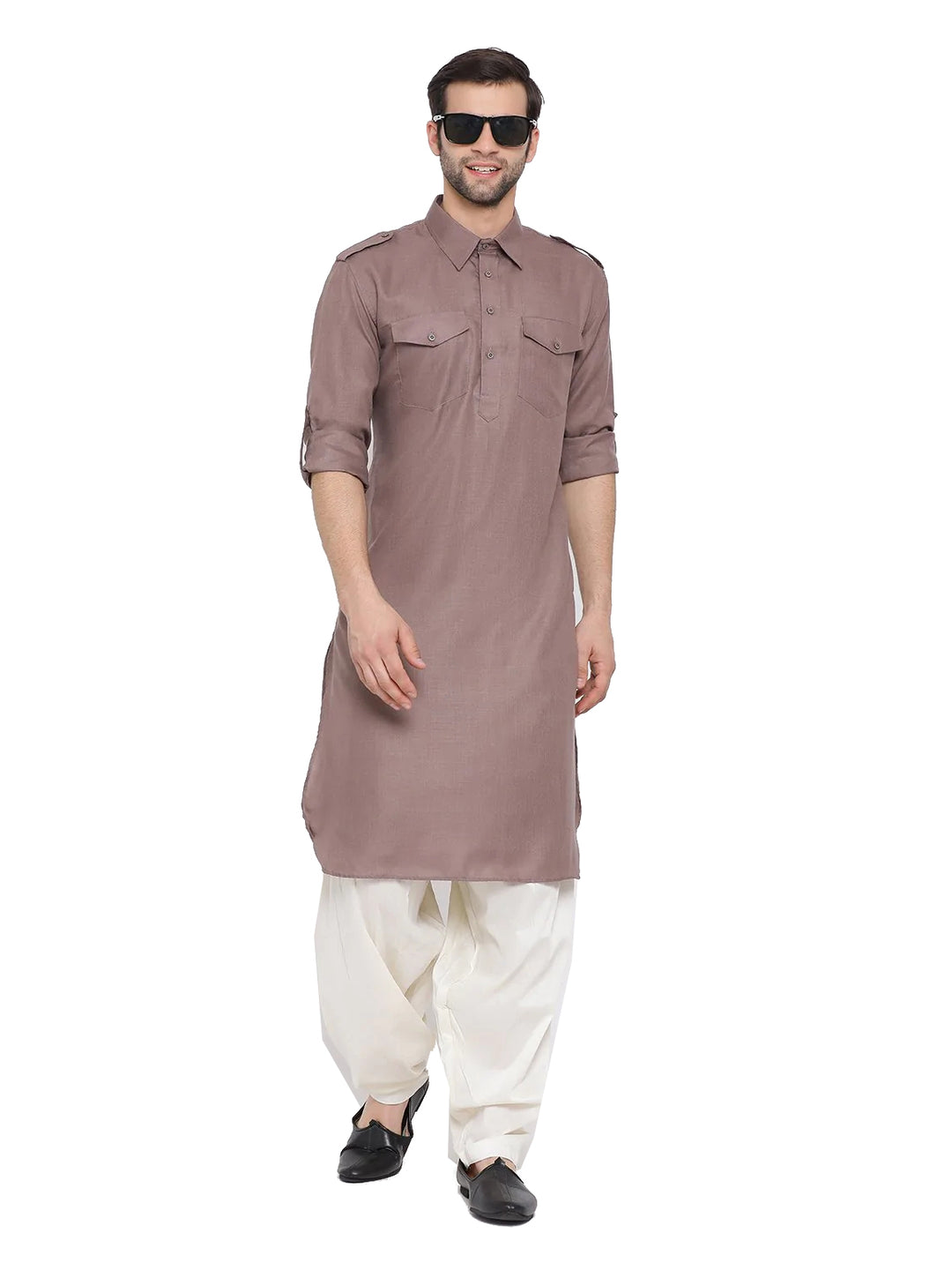 Cotton Kurta with Off White Bottom | Solid Design Traditional Wear for Men