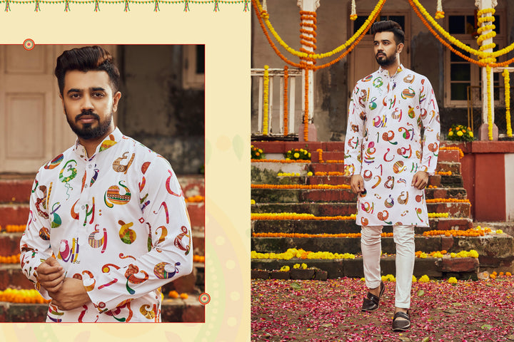 White Art Silk Navratri Kurta | Designer Printed Festive Wear for Men