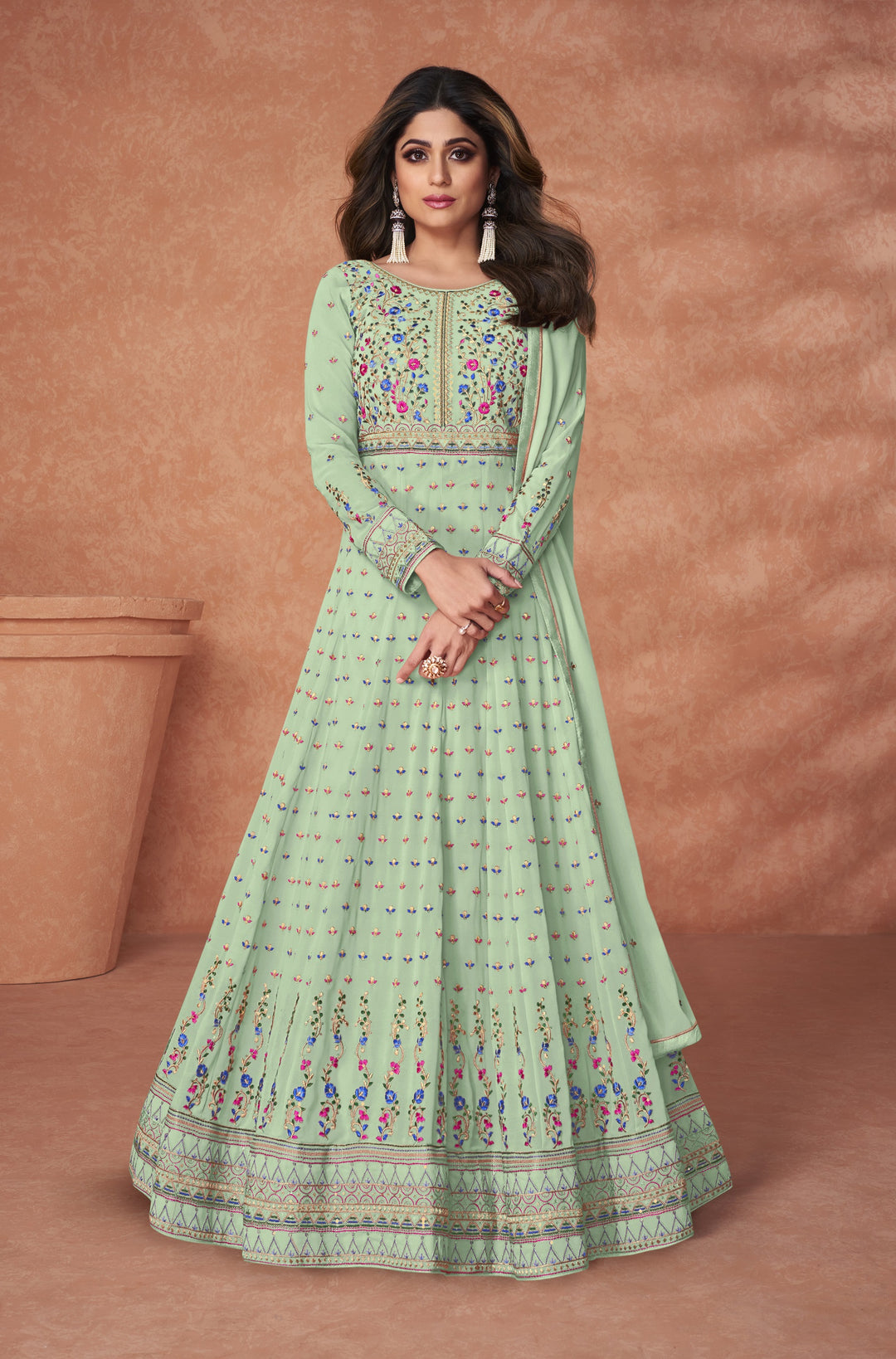 Pista Green Georgette Suit | Heavy Multy Thread Embroidery with Santoon