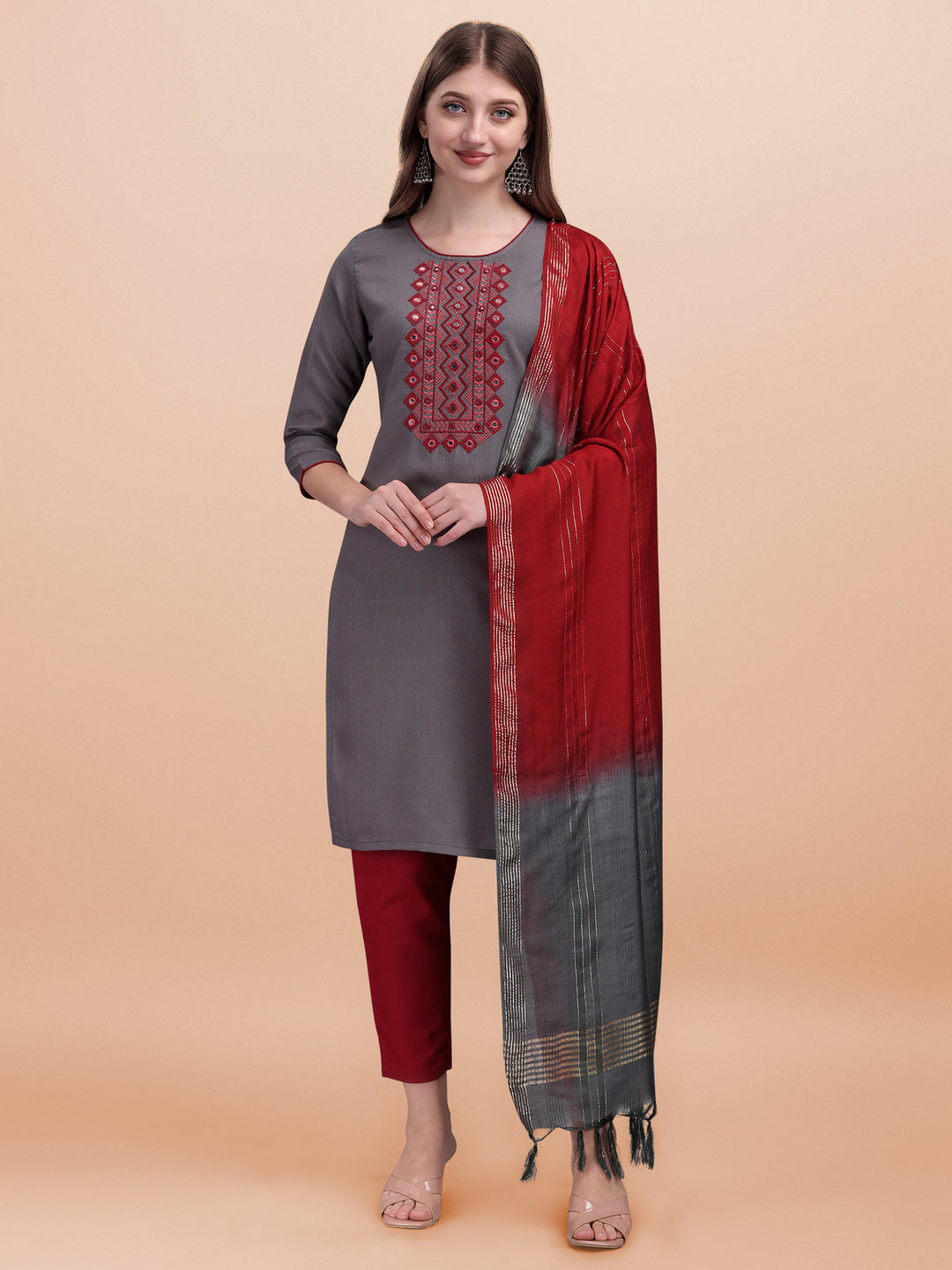 Slub Cotton Readymade Suit | Designer Embroidery Work with Cotton Silk Dupatta