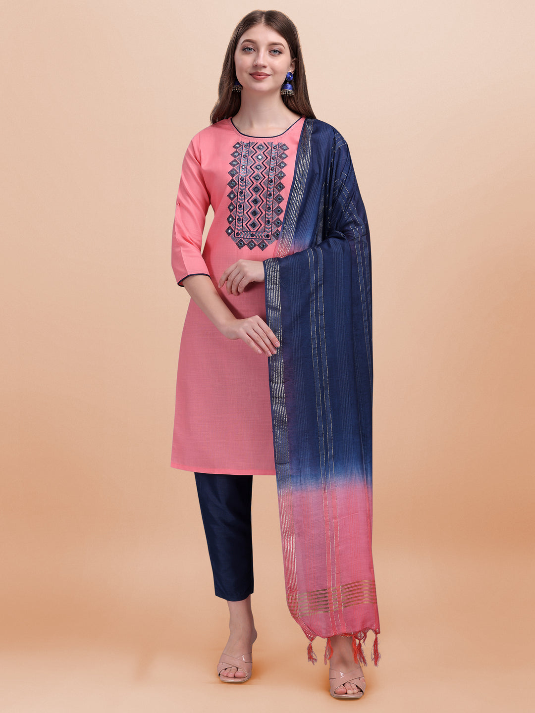 Slub Cotton Readymade Suit | Designer Embroidery Work with Cotton Silk Dupatta