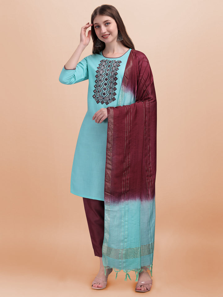 Slub Cotton Readymade Suit | Designer Embroidery Work with Cotton Silk Dupatta