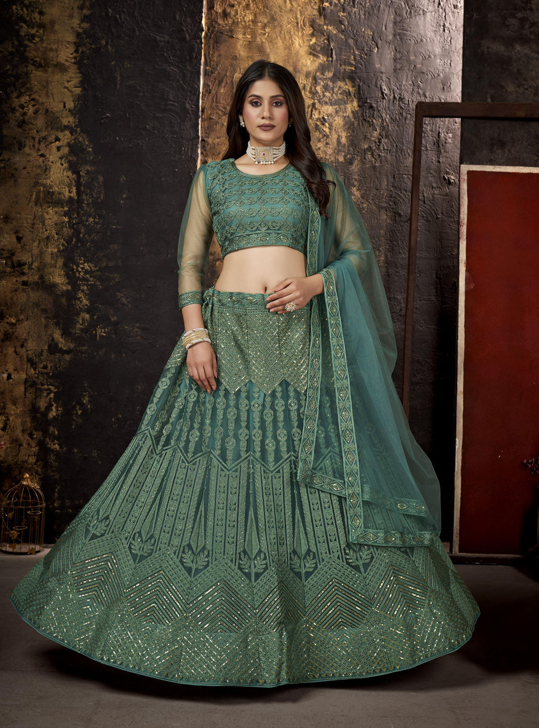 Elegant Net Lehenga with Thread & Sequin Embroidery | Perfect for Weddings & Parties