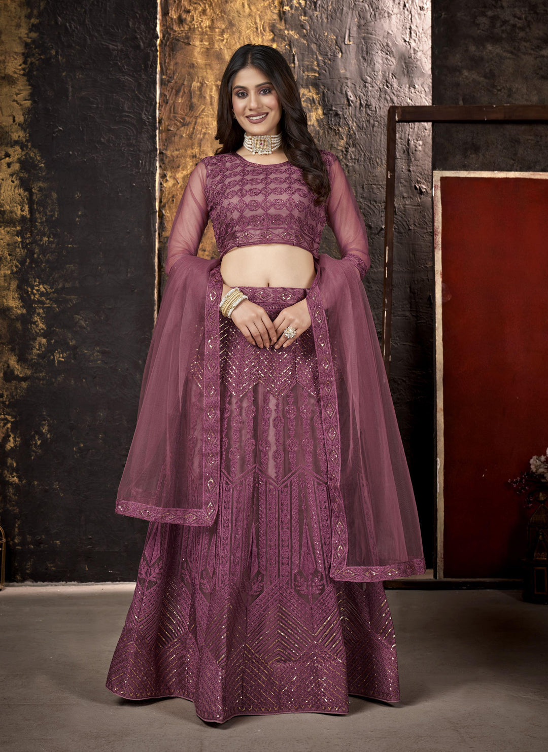 Elegant Net Lehenga with Thread & Sequin Embroidery | Perfect for Weddings & Parties