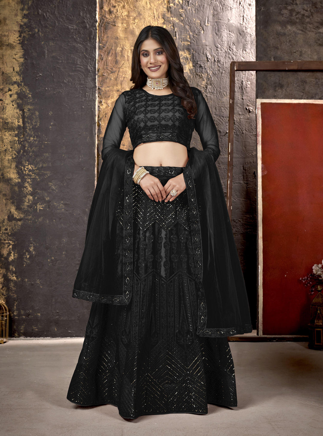 Elegant Net Lehenga with Thread & Sequin Embroidery | Perfect for Weddings & Parties